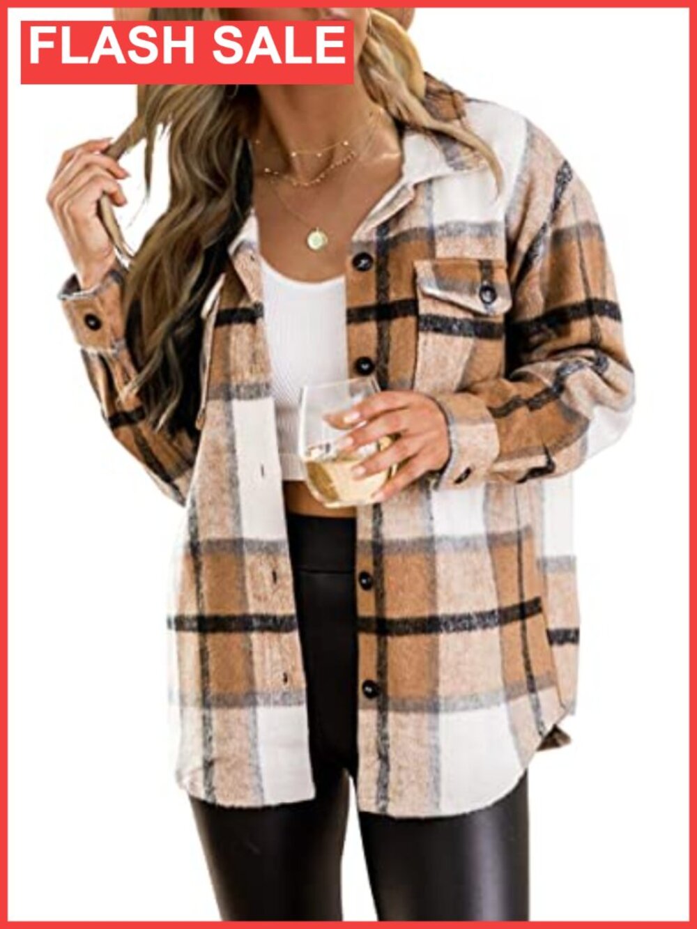 Trendy Queen Womens Plaid Button Down Shacket Soft Fuzzy Polyester
